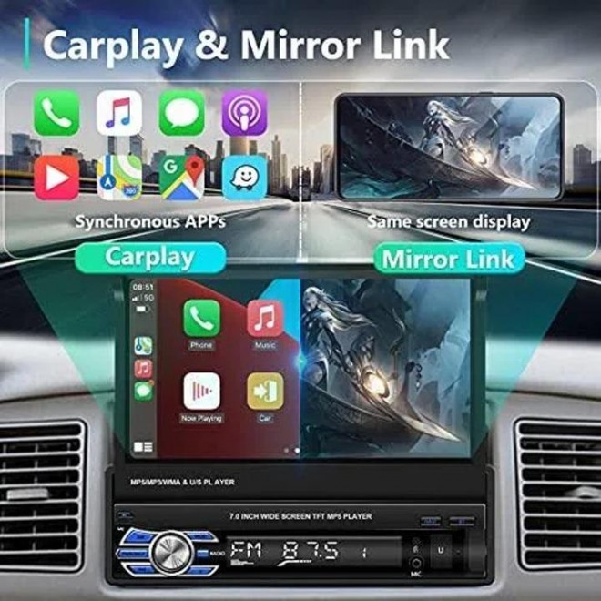 Rimoody Car Stereo with Apple Carplay Android Auto 7 inch Foldable HD Touchscreen Radio Supports FM Bluetooth