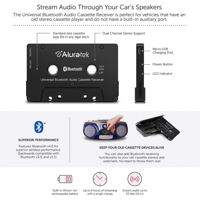 Bluetooth Audio Cassette Receiver, Built-in Rechargeable Battery