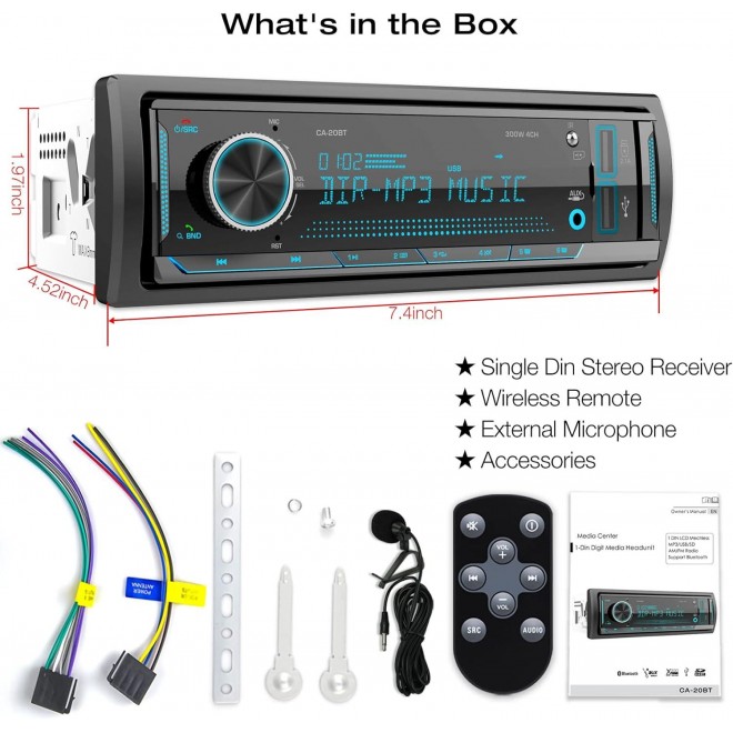 Single Din Stereo Marine Radio: Bluetooth Car Audio Receivers with Digital LCD Display