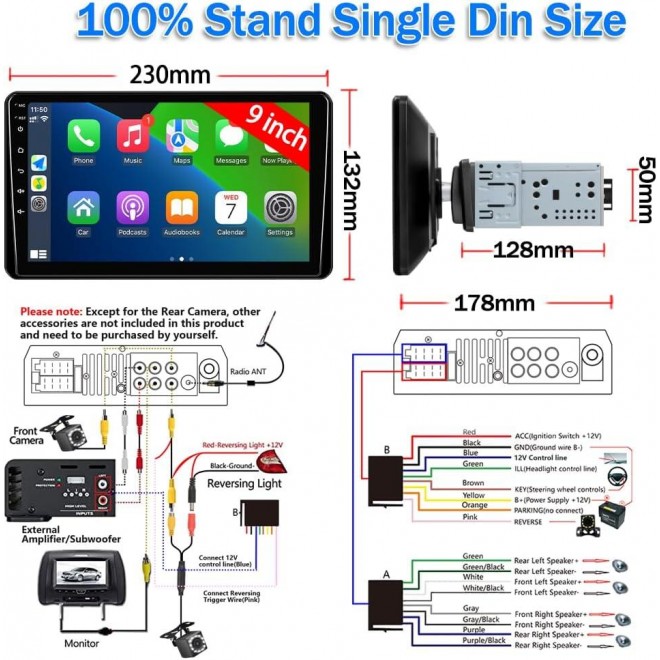 9 Inch Car Stereo Single Din Radio with Apple Carplay and Android Auto