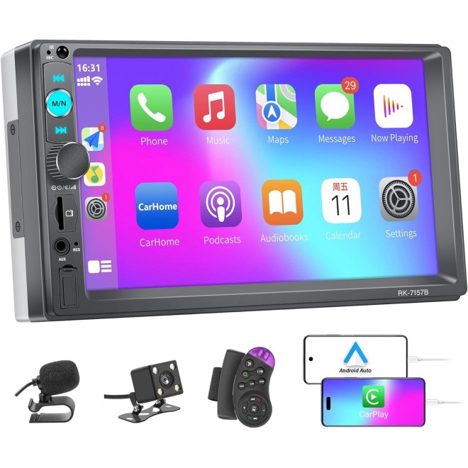 Double Din Car Stereo with Apple Carplay and Android Auto, 7 inch Touchscreen Car Stereo with Backup Camera