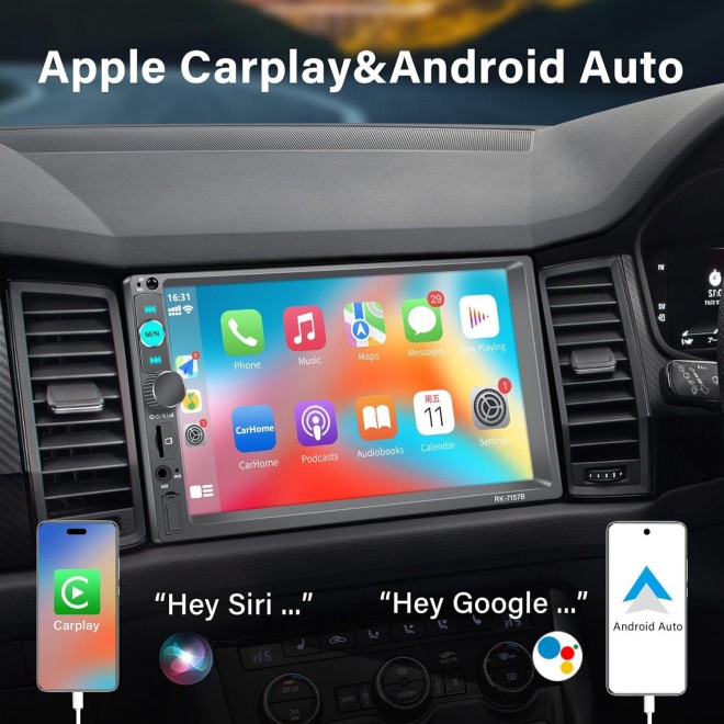 Double Din Car Stereo with Apple Carplay and Android Auto, 7 inch Touchscreen Car Stereo with Backup Camera