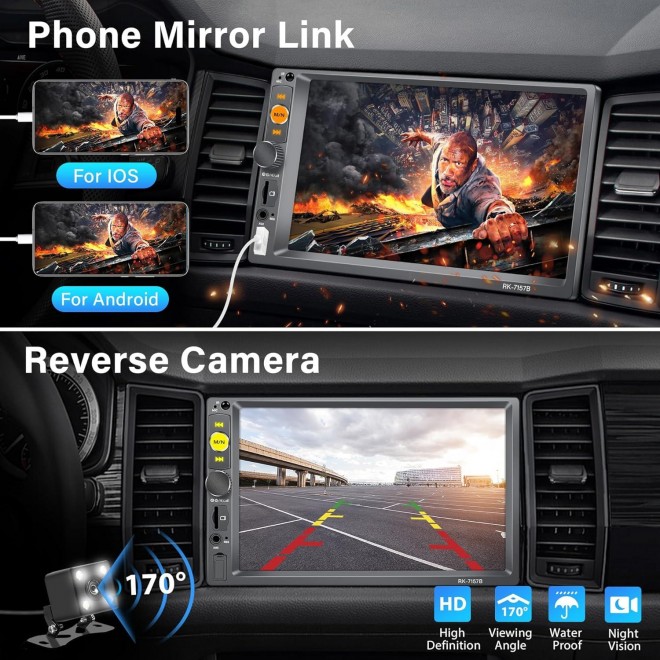 Double Din Car Stereo with Apple Carplay and Android Auto, 7 inch Touchscreen Car Stereo with Backup Camera