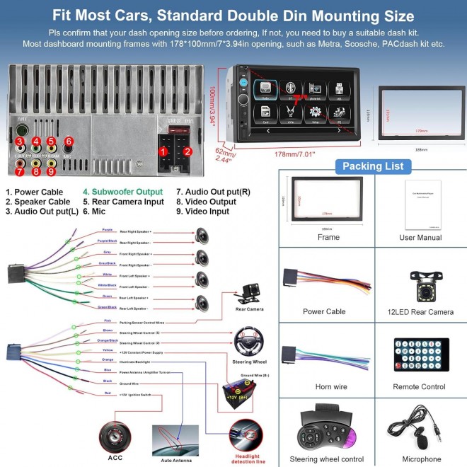 Podofo Double Din Car Stereo , 7 Inch HD Touch Screen Bluetooth Car Radio Receiver