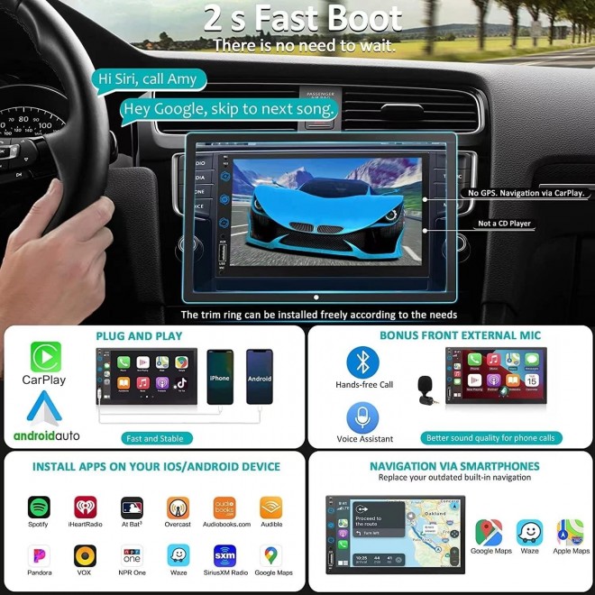 Double Din Car Stereo Radio with Backup Camera -Voice Control