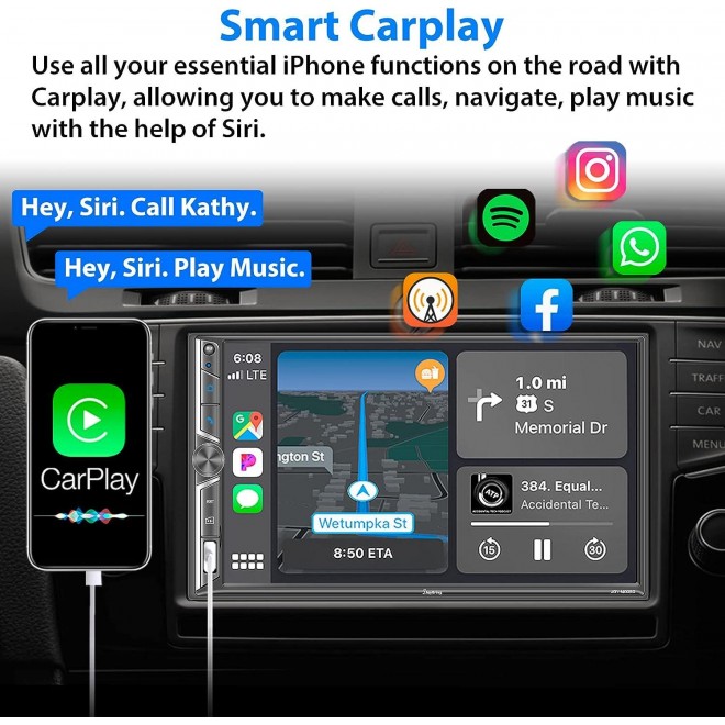 Double Din Car Stereo with Voice Control Carplay, Hands-Free Bluetooth