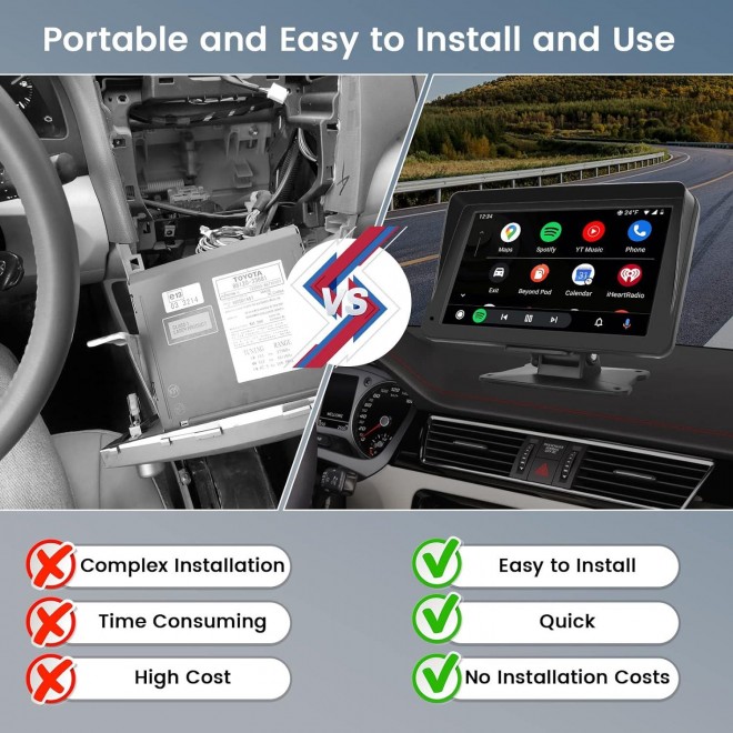 HIKITY Wireless Apple CarPlay & Android Auto Portable Car Stereo - 7 Inch Touch Screen Display 