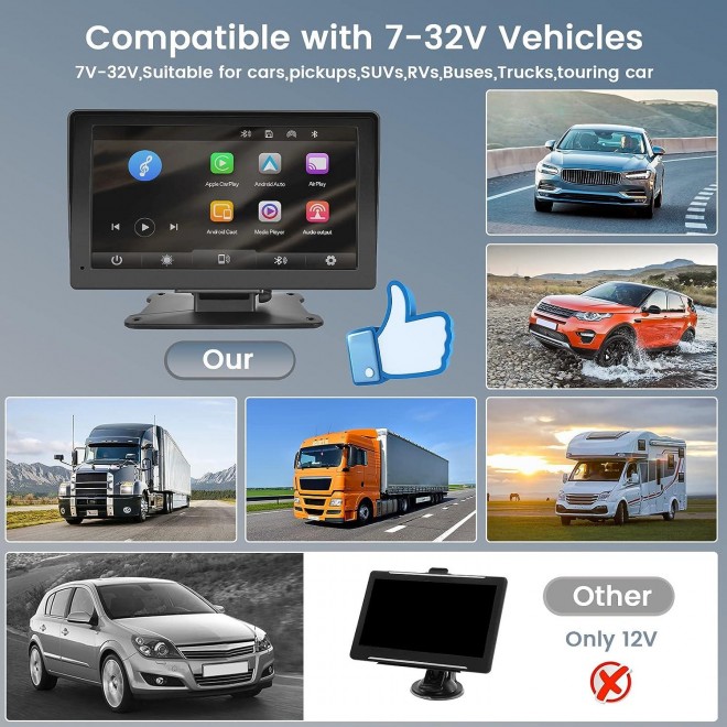 HIKITY Wireless Apple CarPlay & Android Auto Portable Car Stereo - 7 Inch Touch Screen Display 