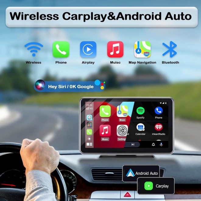 Wireless Apple Carplay & Android Auto,Portable Car Stereo with Voice Control