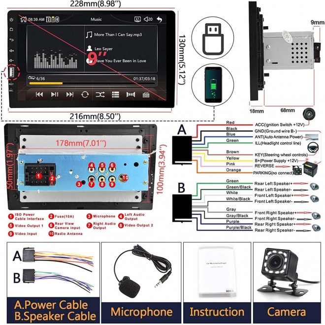 Single Din Car Stereo Apple Carplay Android Auto, with Bluetooth FM AM iOS