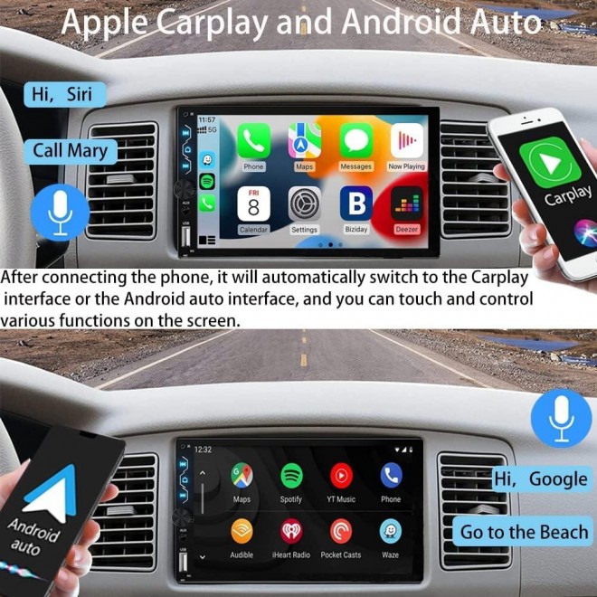 Double Din Car Stereo with Apple Carplay and Android Auto,7 Inch Full HD Touchscreen Radio Bluetooth