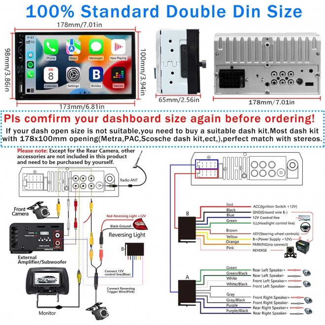 Double Din Car Stereo with Apple Carplay and Android Auto,7 Inch Full HD Touchscreen Radio Bluetooth