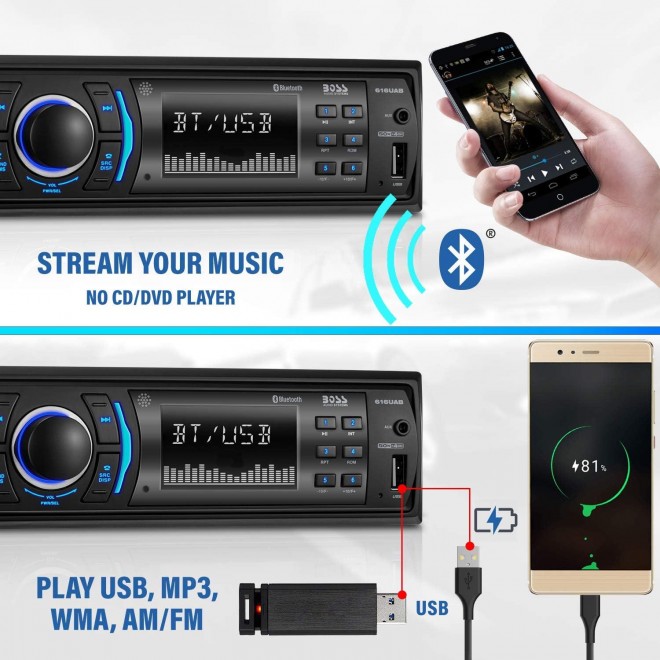 Car Stereo - Single Din, Bluetooth, No CD DVD Player, MP3, USB