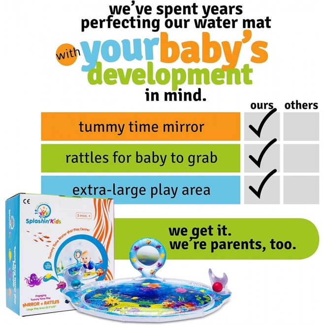 Splashin'kids Inflatable Tummy Time Premium Water mat with Mirror and rattles