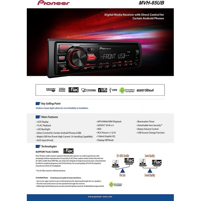 Pioneer MVH-85UB Digital Media Car Stereo Receiver , USB , Auxiliary , MP3 Playback 