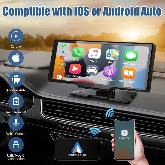 9.6 Portable Apple CarPlay Screen & Android Auto Wireless Display Car Stereo