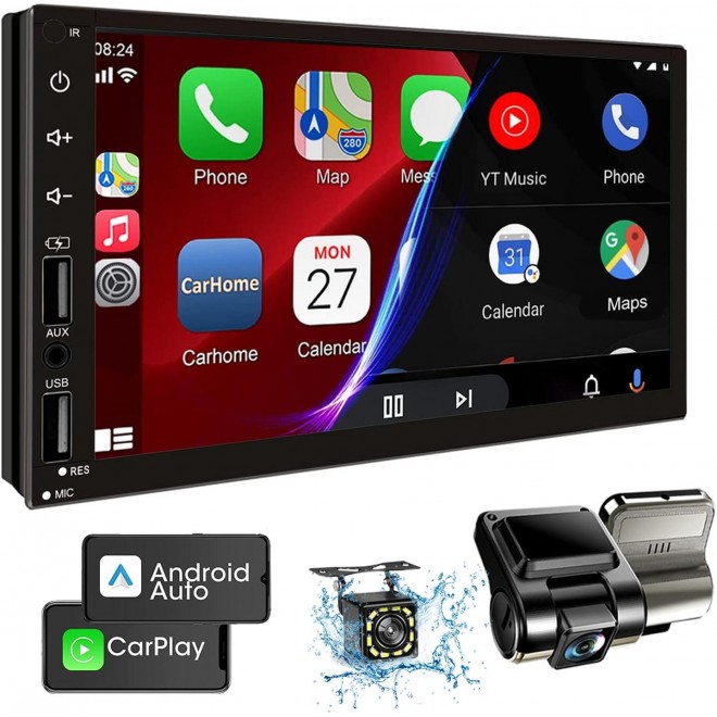 Double Din Car Stereo with Dash Cam, Support Apple Carplay and Android Auto, 7INCH Full HD