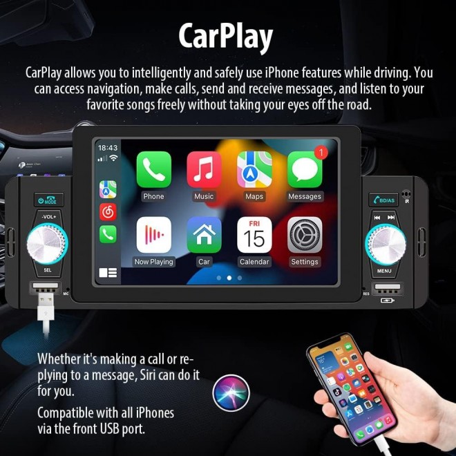 5 Inch Single Din Car Stereo Built-in Apple CarPlay/Android Auto/Mirror-Link