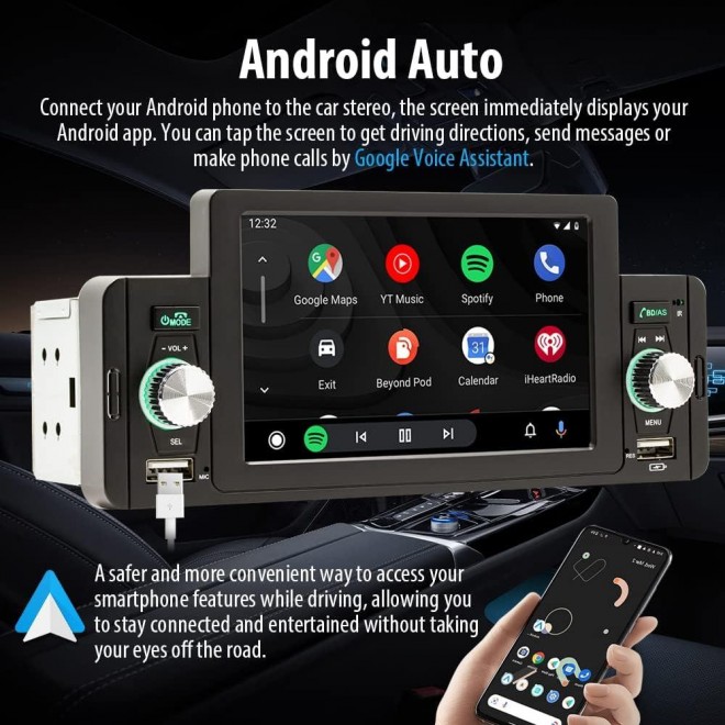 5 Inch Single Din Car Stereo Built-in Apple CarPlay/Android Auto/Mirror-Link