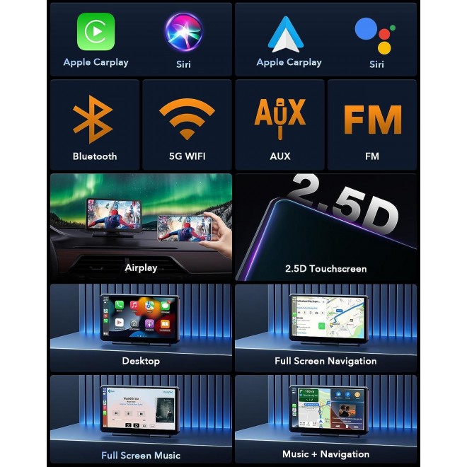 LAMTTO Portable Wireless Car Stereo Apple Carplay with Airplay, 7 HD Touch Screen Android Auto 