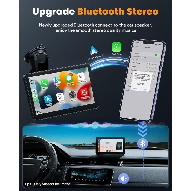 LAMTTO Portable Wireless Car Stereo Apple Carplay with Airplay, 7 HD Touch Screen Android Auto 