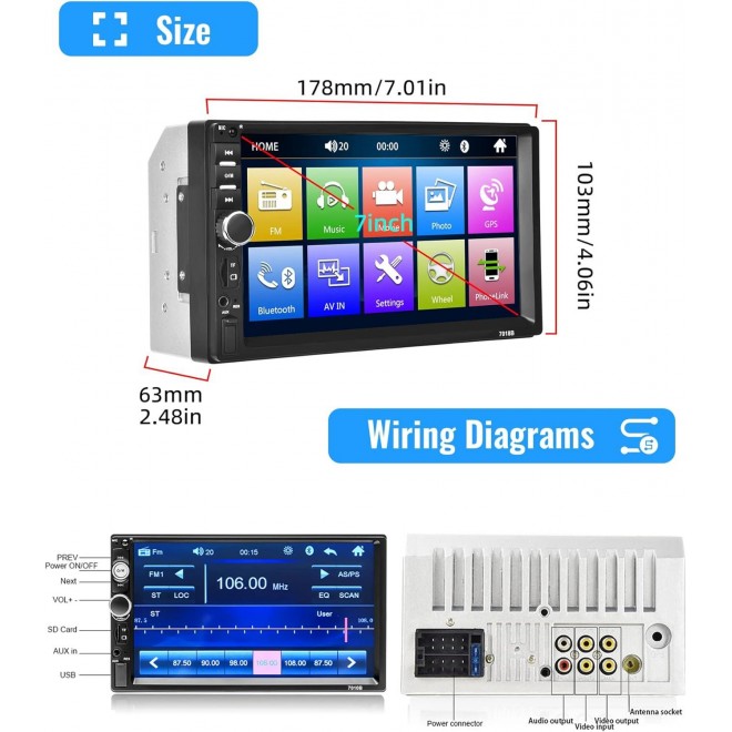 Car Radio Double Din Car Stereo, Rimoody 7 Inch Touch Screen Car Radio with Bluetooth