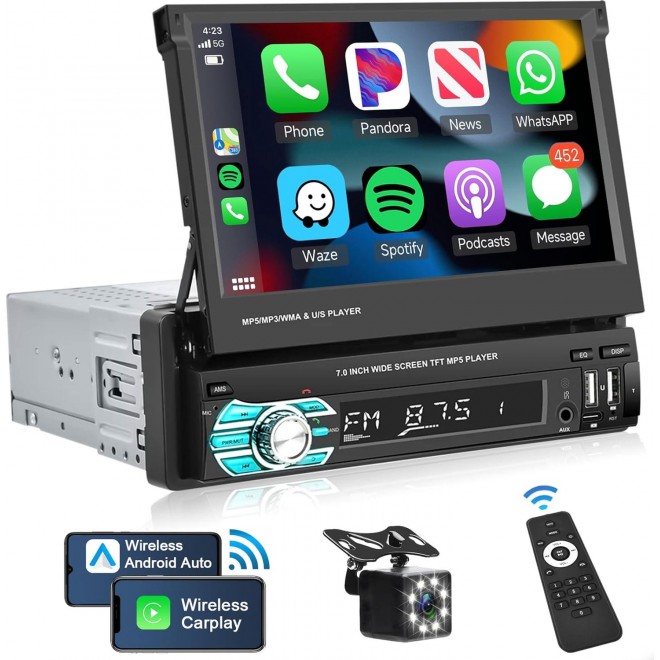 Podofo Wireles Carplay Single Din Car Stereo, 7 Inch Flip Out Touchscreen Car Radio