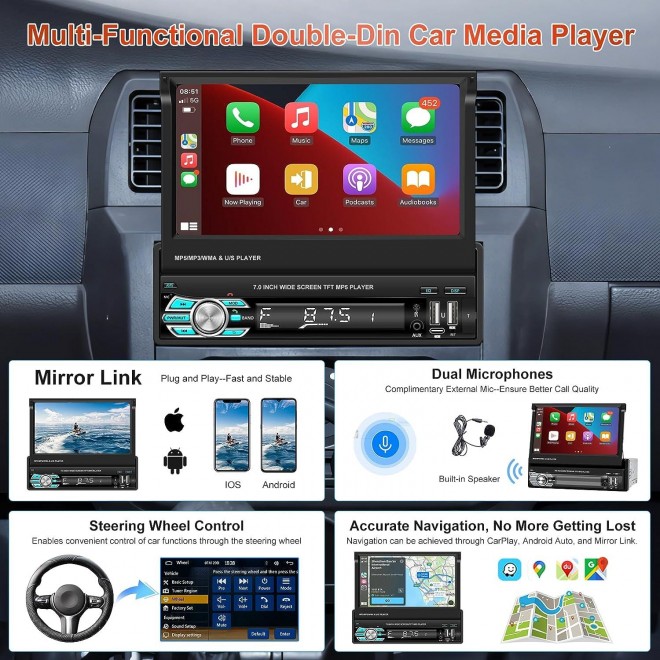 Podofo Wireles Carplay Single Din Car Stereo, 7 Inch Flip Out Touchscreen Car Radio