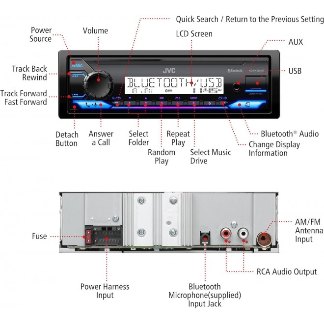 JVC KD-SX38MBT Bluetooth Car Stereo Receiver with USB Port – AM/FM Radio, MP3 Player, High Contrast LCD