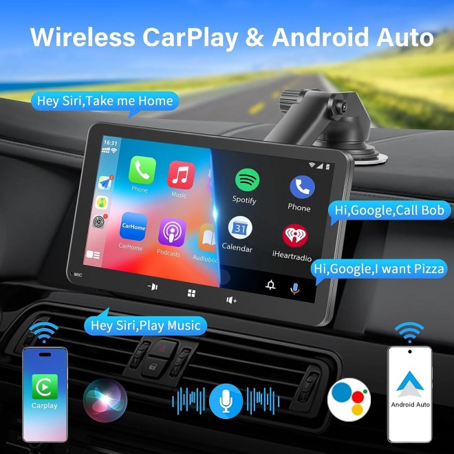 Newest Wireless Apple Carplay & Android Auto,7'' Touch Screen Car Stereo 