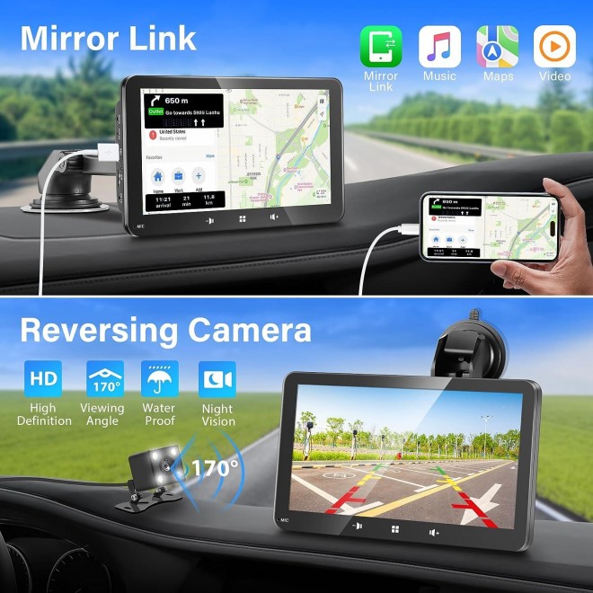 Portable Apple Carplay,Wireless Carplay and Android Auto，7'' Touch Screen Car Stereo,Car Radio