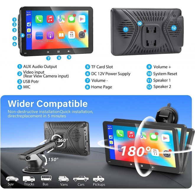 Portable Apple Carplay,Wireless Carplay and Android Auto，7'' Touch Screen Car Stereo,Car Radio