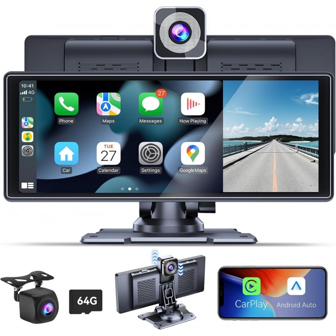 LoLoCar 10.3 Portable Carplay Screen with Adjustable 4K Front/1080P Rear Camera