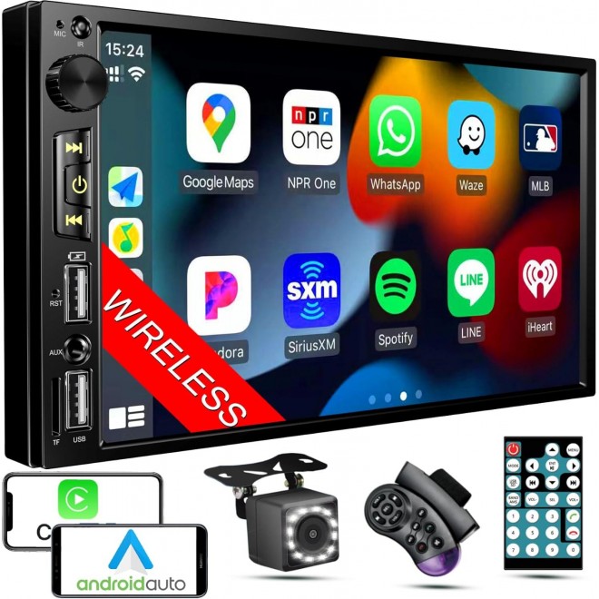 Wireless 7 inch Double Din Car Stereo with Apple Carplay,Backup Camera for Car