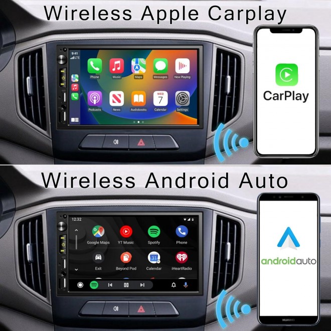 Wireless 7 inch Double Din Car Stereo with Apple Carplay,Backup Camera for Car