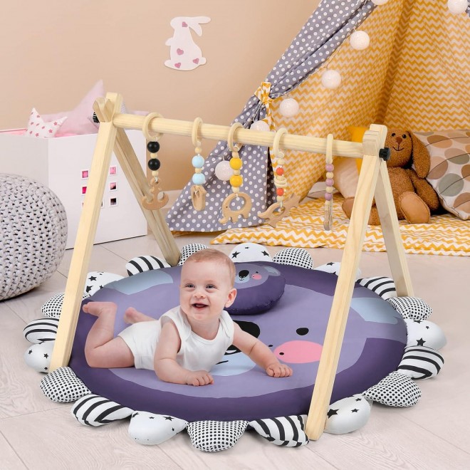 Cowiewie Wooden Baby Play Gym Play Gym with Mat Develop Athletic Ability for Baby to Toddler