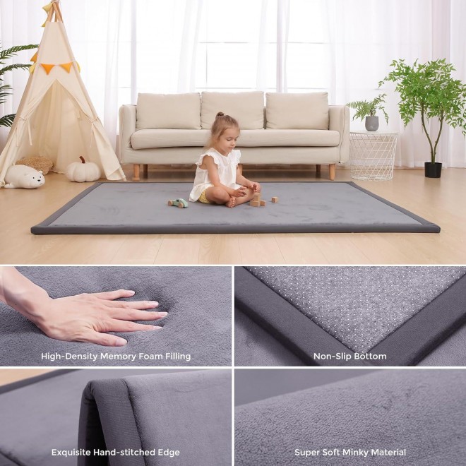 Baby Play Mat For Floor,1.2 Thick Memory Foam Tummy Time Mat,Soft Coral Velvet Nursery Rug