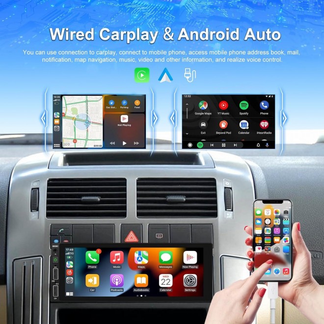 6.86 Inch Single Din Car Stereo Built-in Apple CarPlay/Android Auto