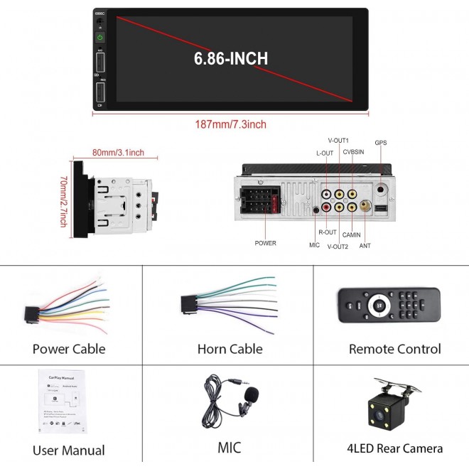 6.86 Inch Single Din Car Stereo Built-in Apple CarPlay/Android Auto