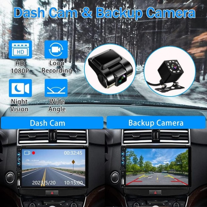 Double Din Car Stereo with Dash Cam,Support with Apple Carplay and Android Auto