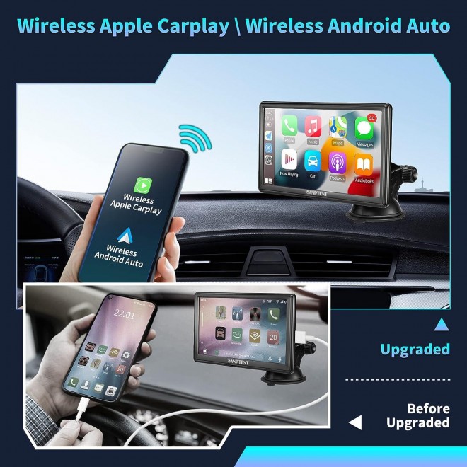 SANPTENT Wireless Apple CarPlay Dash Mount, Portable Car Stereo