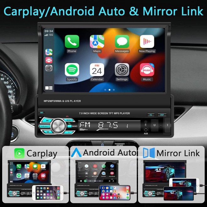 Car Stereo with Apple Carplay Android Auto 7 Inch Foldable HD Touchscreen Radio Supports FM Bluetooth