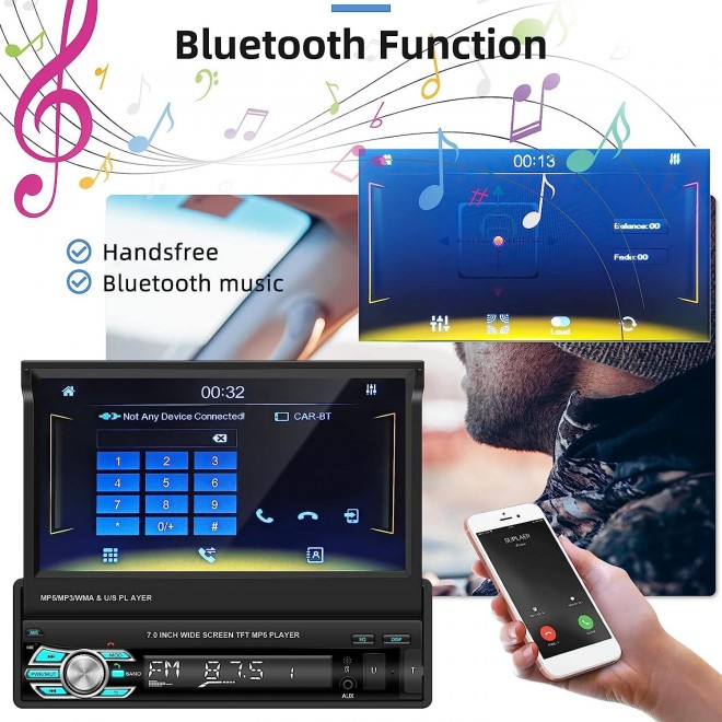 Podofo Single Din Apple Carplay Car Stereo ,7‘’ Foldable HD Touchscreen Bluetooth Radio