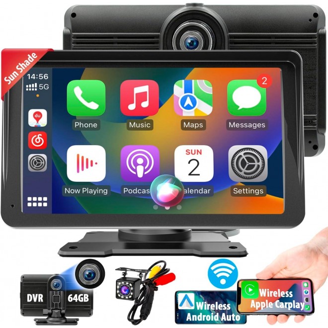 [64GB DVR] Portable Wireless Apple CarPlay & Android Auto Car Stereo