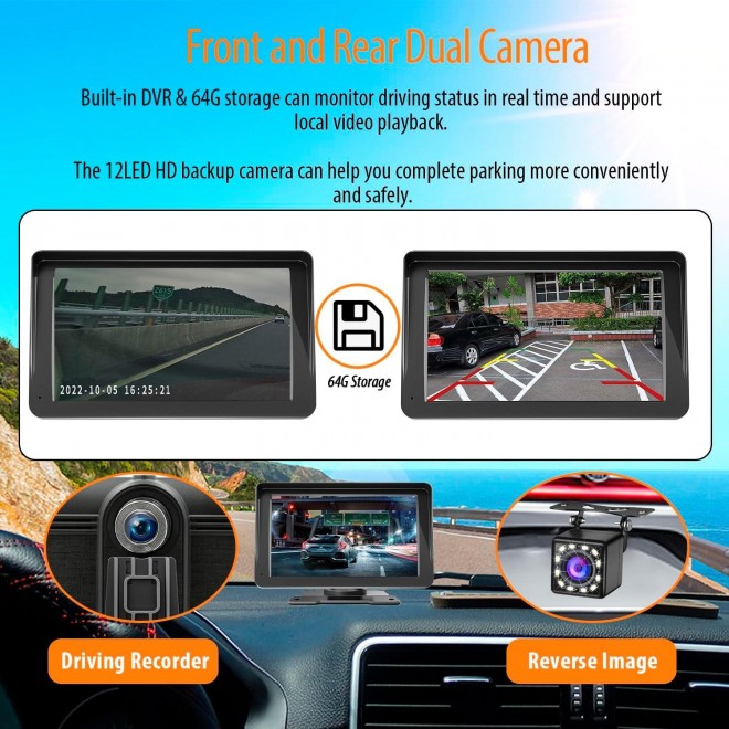 [64GB DVR] Portable Wireless Apple CarPlay & Android Auto Car Stereo