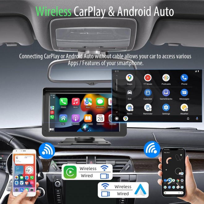 [64GB DVR] Portable Wireless Apple CarPlay & Android Auto Car Stereo