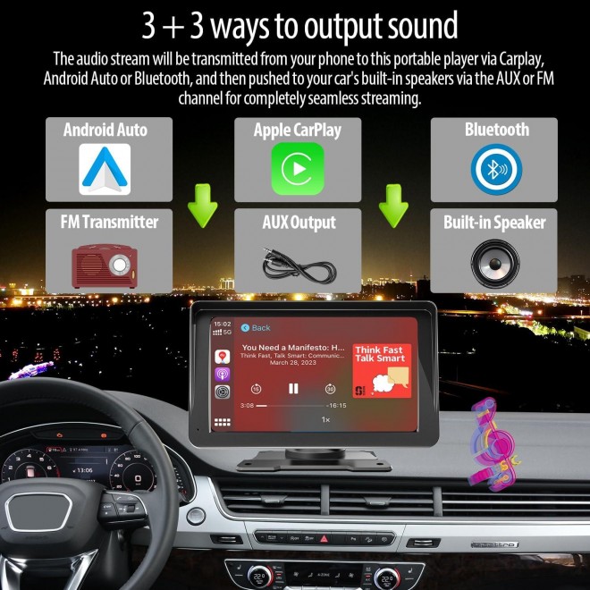 [64GB DVR] Portable Wireless Apple CarPlay & Android Auto Car Stereo