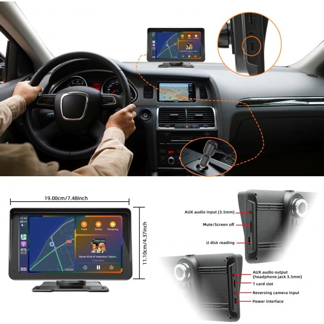 [64GB DVR] Portable Wireless Apple CarPlay & Android Auto Car Stereo