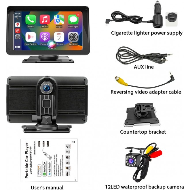 [64GB DVR] Portable Wireless Apple CarPlay & Android Auto Car Stereo