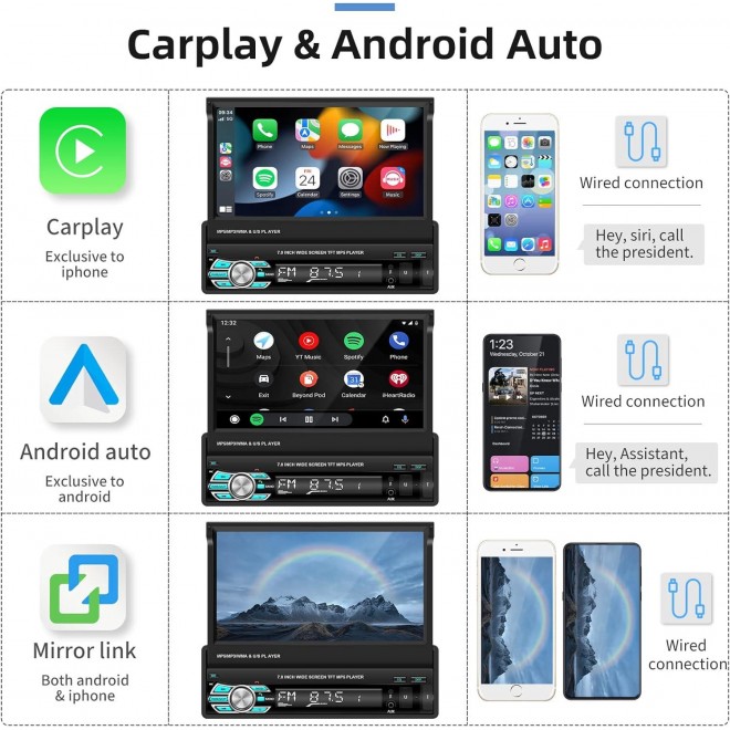 Podofo Single Din Apple Carplay Car Stereo ,7‘’ Foldable HD Touchscreen Bluetooth Radio